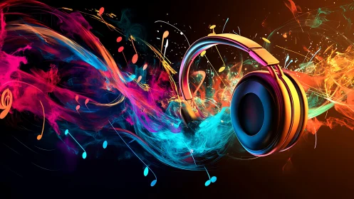 Headphones with abstract multicolor musical wave forms.
