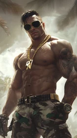 Muscular warrior in gold and camo dominates a tropical storm