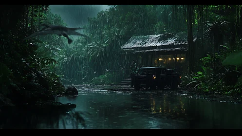 Deep jungle encampment rendered with atmospheric rain and cinematic lighting.
