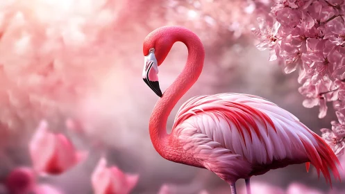 Pink flamingo stands among soft pink blossoms in focus