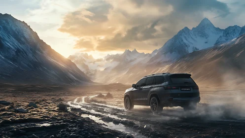 Off-road SUV traverses wet glacial valley under volumetric sunset
