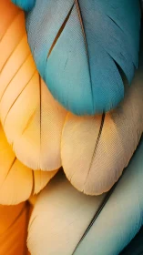 Sunlit teal and amber feathers in soft abstract embrace.