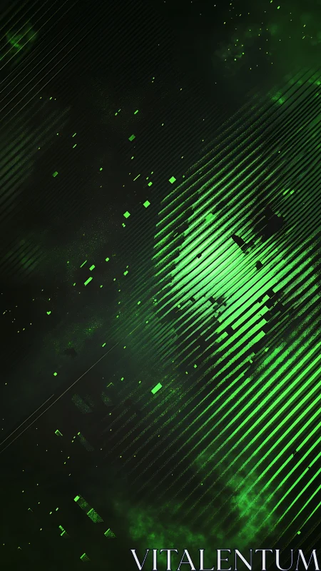 Green diagonal light streaks with abstract digital particles.