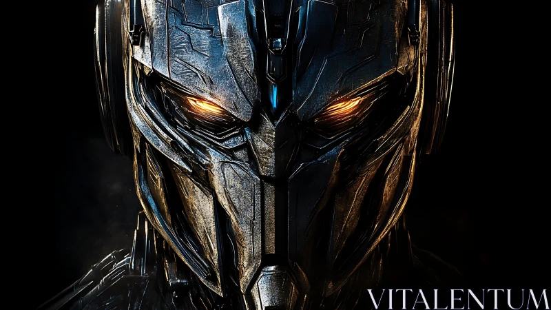 Cyberpunk mech portrait with symmetrical metallic faceplate design.