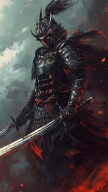 Dark armored samurai warrior with twin blades in firestorm.