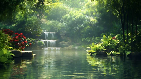 Lush tropical pond with tiered waterfall in dense greenery.