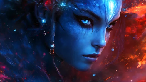 Blue alien woman stares forward amid red and blue nebula