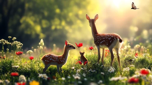 Deer family in sunlit meadow rendered as soft digital painting