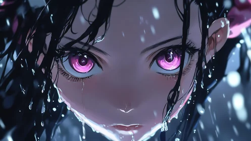 Rain-soaked gaze ignites twin magenta storms of resolve