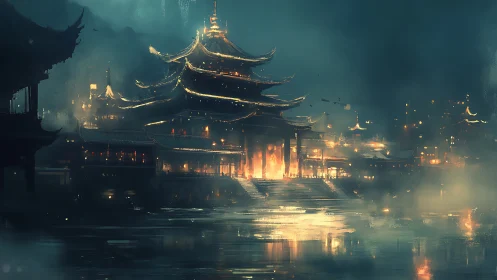 Lakeside temple complex glows with warm light through heavy mist