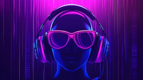 Neon-lit mannequin head wears oversized headphones and glasses