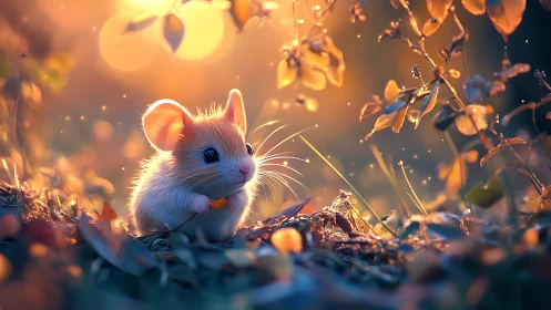 Dusklit forest mouse cradles a leaf in glowing fairylight.