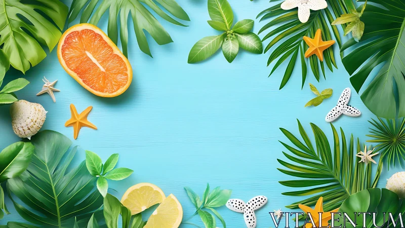 Tropical leaves and citrus frame a bright summer backdrop
