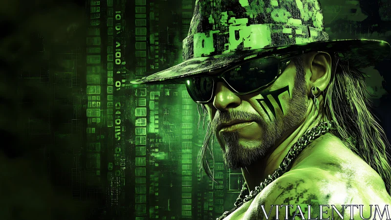 Neon hacker outlaw in green cyber matrix portrait.