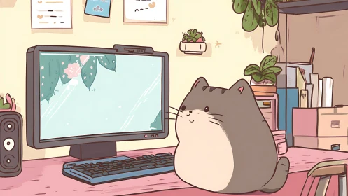 Digital painting workspace with chubby cat and soft palette.