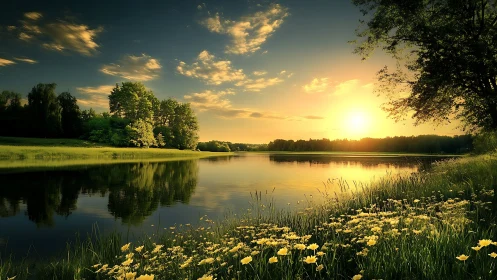 Golden hour over tranquil riverside meadow reflections.