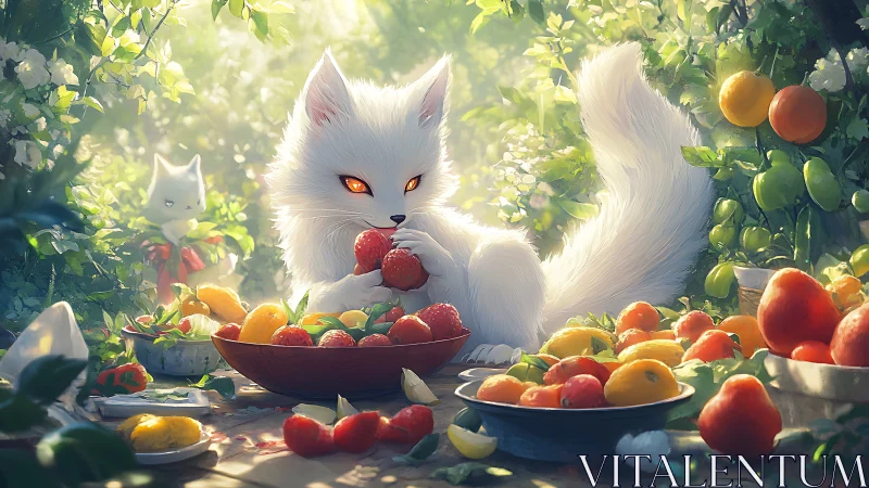 White fox spirit savors summer fruit in a sunlit garden.