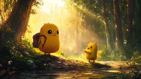 Golden forest creatures exchange greeting in dappled backlight