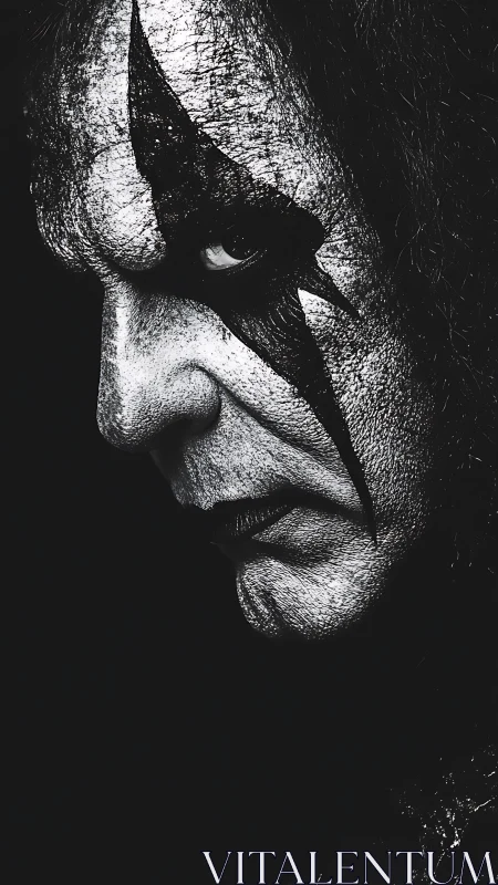 Monochrome portrait with cracked theatrical face paint profile.