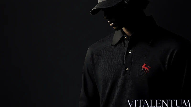 Minimalist Portrait: Black Polo with Red Logo Emblem Study.