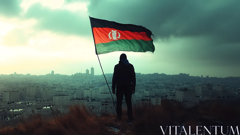 Solitary figure raises dramatic flag above brooding cityscape