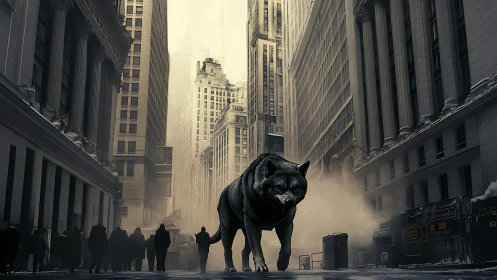 Urban canyon surrenders to a colossal midnight wolf stride