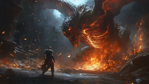 Warrior confronts colossal molten dragon in infernal cavern.