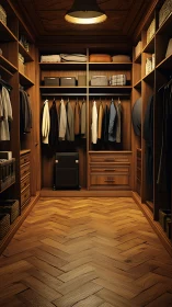 Warm herringbone wardrobe haven glowing with quiet luxury.