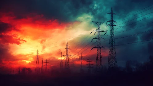 Electric towers stand tall beneath a dramatic fiery sunset