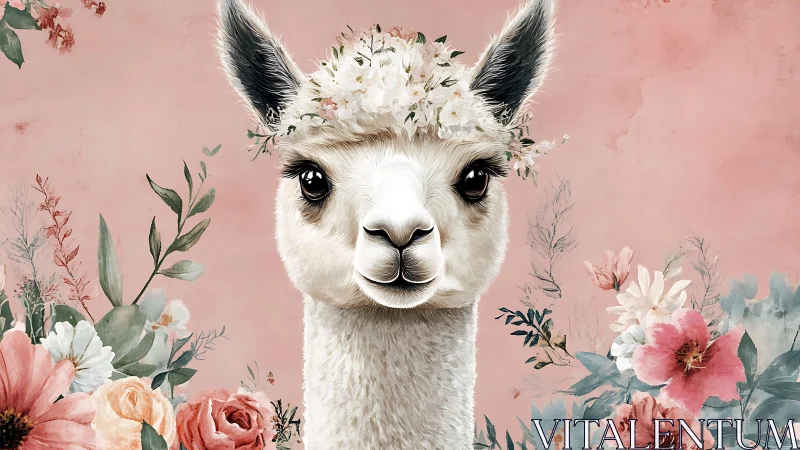 Flower-crowned llama muse amid rosy garden hush.
