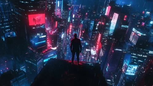 Lone figure overlooks neon cyberpunk city in night rain