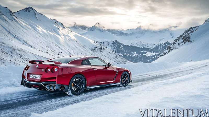 Crimson sports car glides confidently along a winding snowy pass