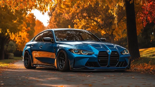 Blue performance sedan parked on tree-lined autumn road.