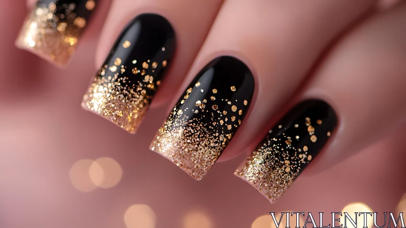 Black stiletto nails with gradient gold glitter accents design.