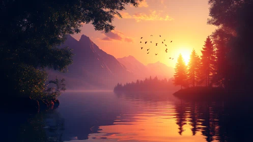 Sunlit alpine lake with glowing fir trees at sunrise