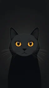 Black Cat with Golden Eyes Against Dark Background.
