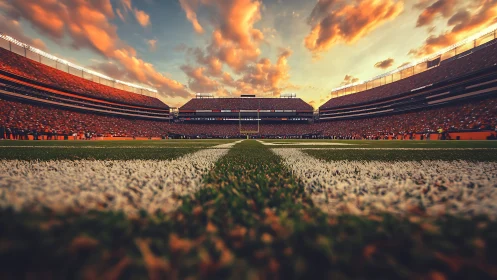 Sunset stadium gridiron viewed from dramatic turf level.
