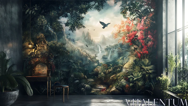 Wall mural of lush fantasy landscape in modern room.
