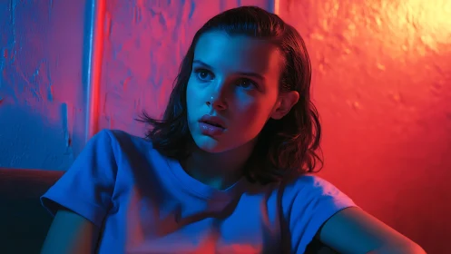 Neon dusk portrait bathing a pensive face in electric glow.