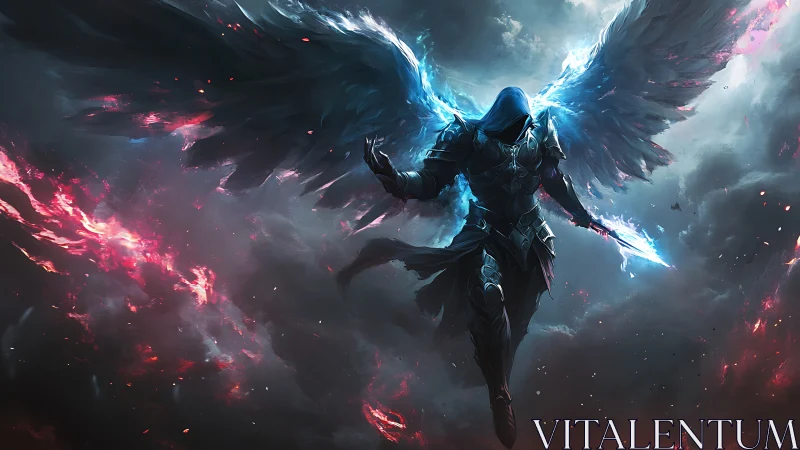 Winged guardian descending through stormlit embers.