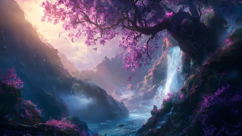 Luminescent fantasy gorge with cherry canopy and cascades