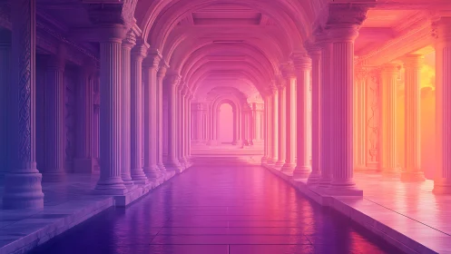 Neon Colonnade: Luminous Architectural Corridor with Gradient Color Progression