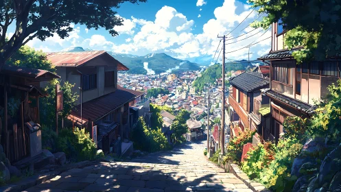 Steep stone street overlooks dense town and distant mountains