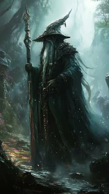 Enigmatic forest wizard strides through mist with arcane staff