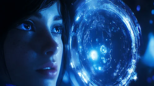 Starlit hacker girl gazes into a swirling neon data portal.