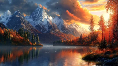 Autumn forest surrounds alpine lake below sharp snowy peaks