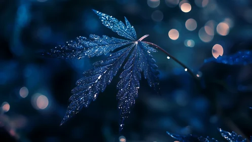 Midnight leaf glimmering with tiny stories of dew.