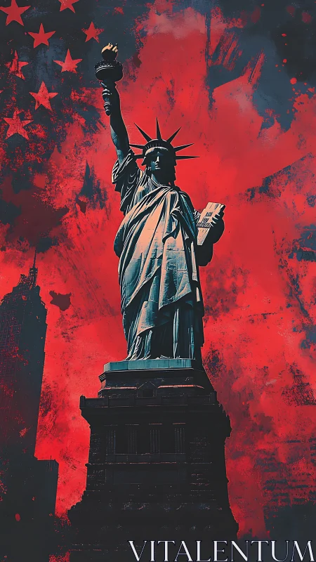 Liberty monument silhouette against distressed crimson skyline