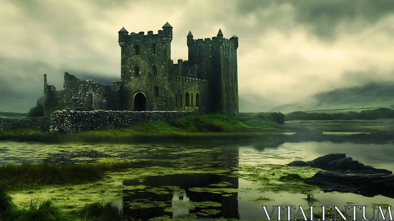 Foggy stone castle by marshland under heavy clouds.