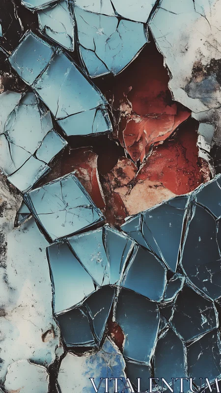 Shattered blue glass reveals rusted surface beneath shards.